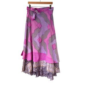Boho Reversible Wrap Skirt Silk Purple Pink Tie Hippie Indie Fairy Layered